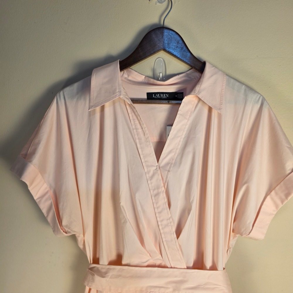 Lauren Ralph Lauren Dress Womens 16 Pink Short Sleeve Tiered Surplice Midi NEW - Picture 3 of 14